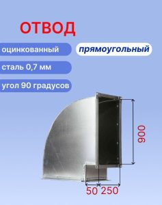 "Плоский" отвод вентиляционный прямоугольный 90 градусов 900х250 оцинкованный 0,7мм на шине №20